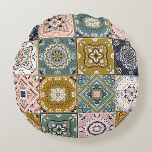 Cojín Redondo Indio de Talavera: Patchwork, mosaico étnico.