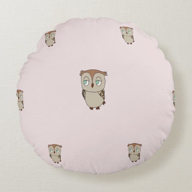 Cojín redondo infantil, con diseño de lechuza. (Anverso)