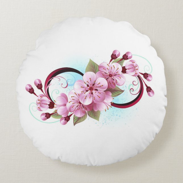 Cojín Redondo Infinito con las flores de flores de Sakura Blosso (Anverso)