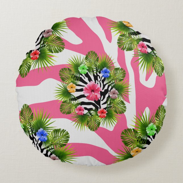Cojín Redondo Inhibisco tropical y rayas de cebra rosa exótica (Anverso)