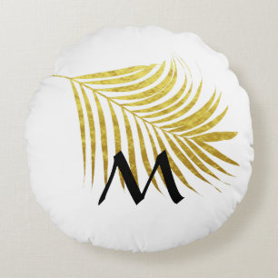 Cojín Redondo Iniciales monogramadas tropicales de hoja de Relie