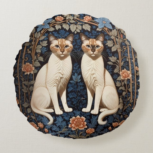 Cojín Redondo Inspiración de dos gatos siameses William Morris (Anverso)