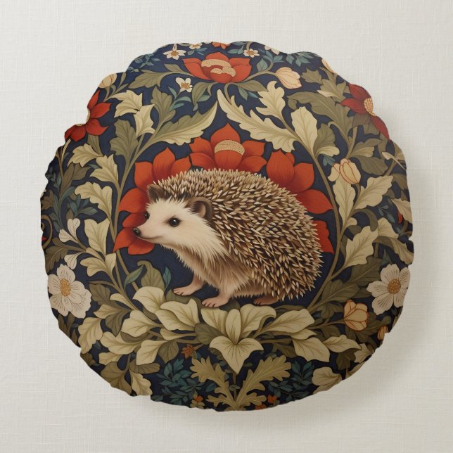 Cojín Redondo Inspiración de Woodland Hedgehog William Morris (Anverso)