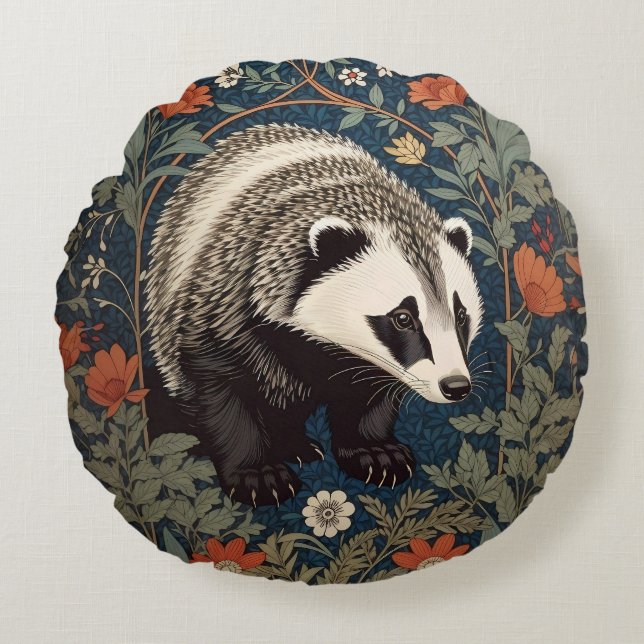 Cojín Redondo Inspiración del Badger de Woodland William Morris (Anverso)