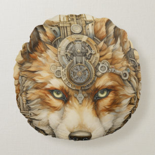 Cojín Redondo Inspiración Solarpunk Lobo Rojo Steampunk