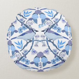Cojín Redondo Inspirado en William Morris Bluejay Botánico 