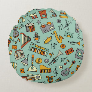 Cojín Redondo Instrumentos musicales, patrón de sketch vintage.
