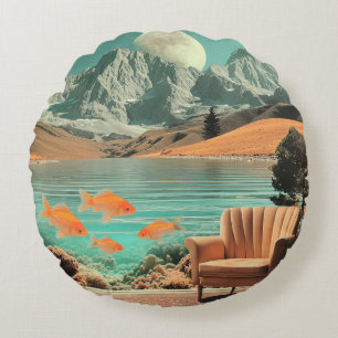 Cojín Redondo Interior Surrealista con Peces y Paisaje a la Luz