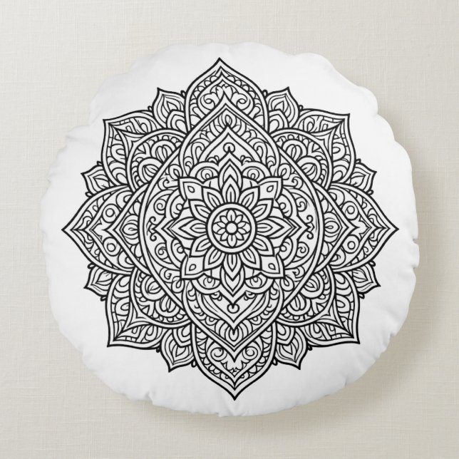 Cojín Redondo Intricate Black Line Mandala Art (Anverso)