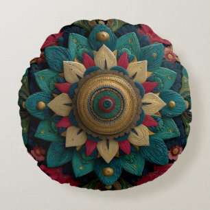 Cojín Redondo Intrincado Mandala Floral Texturizado en Verde Acu