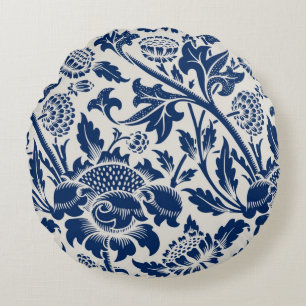 Cojín Redondo Intrincado patrón floral azul sobre fondo claro