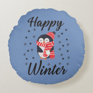 Cojín Redondo Invierno feliz, pingüino lindo