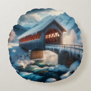 Cojín Redondo Invierno, puente cubierto de nieve y río