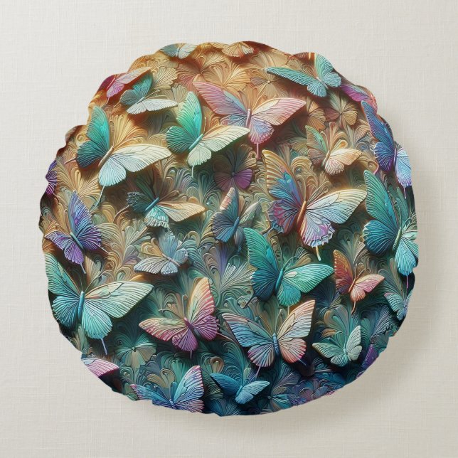 Cojín Redondo Iridescent Butterfly Garden (Anverso)