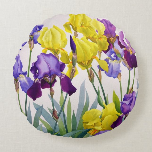Cojín Redondo Iris amarillos y púrpuras (Anverso)