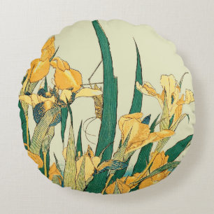 Cojín Redondo Iris Saltamontes de Hokusai: Estampa Japonesa Vint