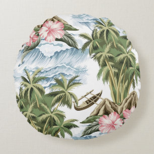 Cojín Redondo Isla de cosecha hawaiana, palmera, barco, rosa