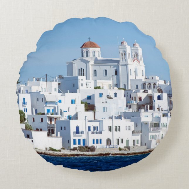 Cojín Redondo Isla de paros con el pueblo de naoussa (Anverso)