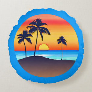 Cojín Redondo Isla tropical al atardecer con palmeras