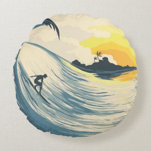 Cojín Redondo Isla tropical, ola, puesta de sol surfista.