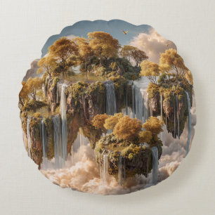 Cojín Redondo Islas flotantes surrealistas con árboles dorados