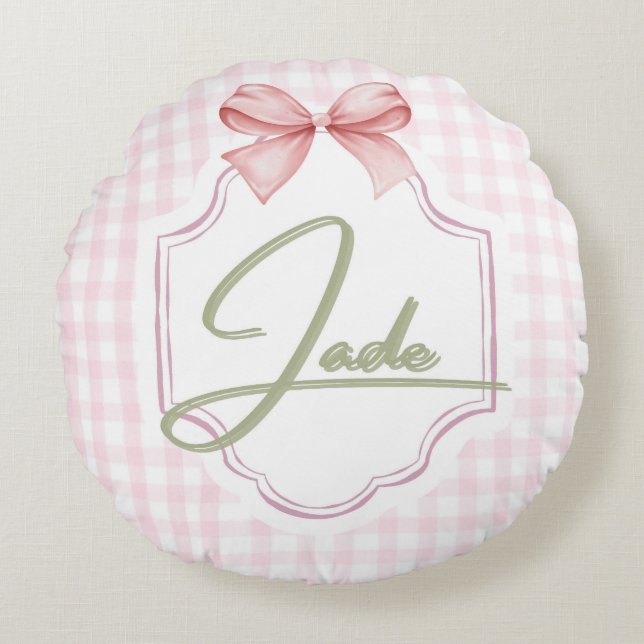 Cojín Redondo Jade Baby Nursery personalizado Bow&Gingham (Anverso)