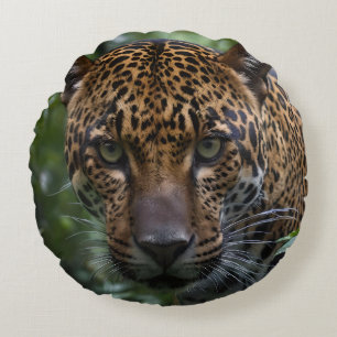Cojín Redondo Jaguar En El Bosque Con Ojos Verdes,