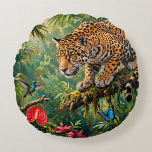 Cojín Redondo Jaguar Selva Colibríes Mariposas Flores