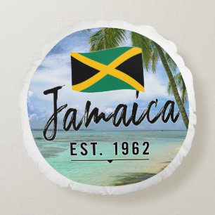 Cojín Redondo "Jamaica Este. Playa De 1962 Con Bandera De Jamaic