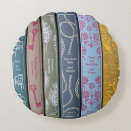 Cojín Redondo Jane Austen por un lado y sus libros por el otro
