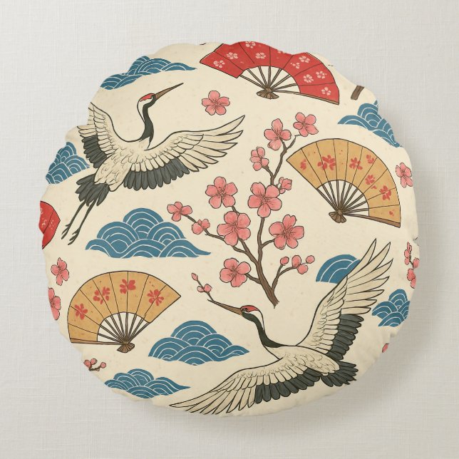 Cojín Redondo Japanese Crane Sakura Pattern Traditional Japanese (Anverso)