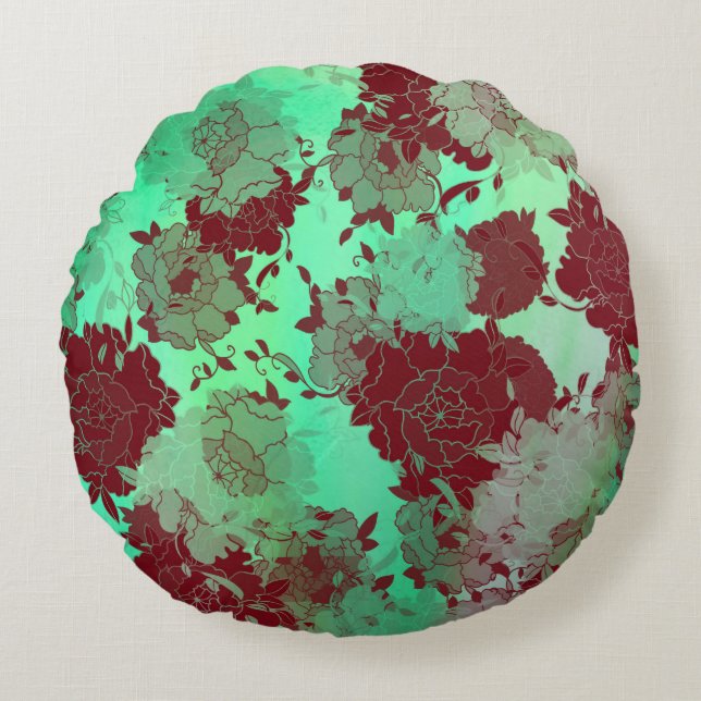 Cojín Redondo Japanese floral red patterns. (Anverso)