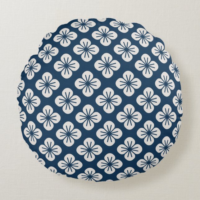 Cojín Redondo Japanese Navy Blue Ivory Floral Geometric Pattern (Anverso)