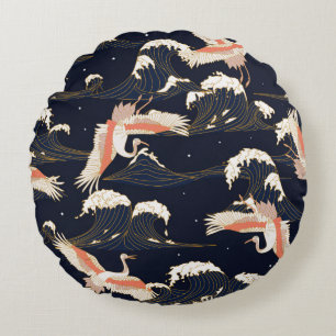 Cojín Redondo japanese storks in vintage style on green backgrou