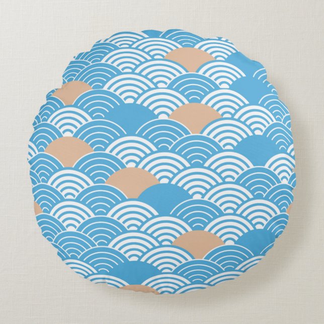 Cojín Redondo Japanese Waves Pattern Light Blue Beige White  (Anverso)