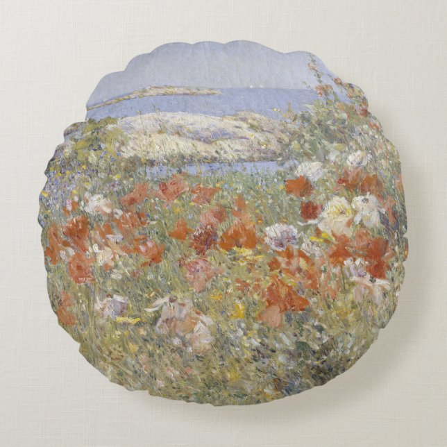 Cojín Redondo Jardín de Celia Thaxter por Frederick Childe Hassa (Anverso)