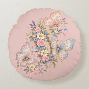 Cojín Redondo Jardín de Cumpleaños de Mariposa Pastel