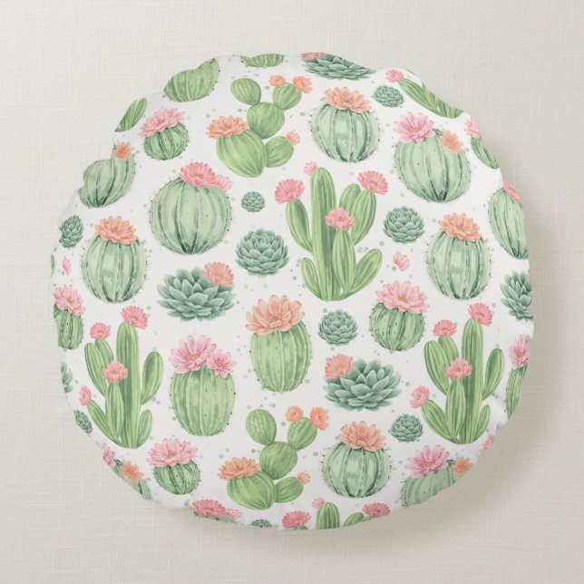 Cojín Redondo Jardín de flores de cactus (Anverso)