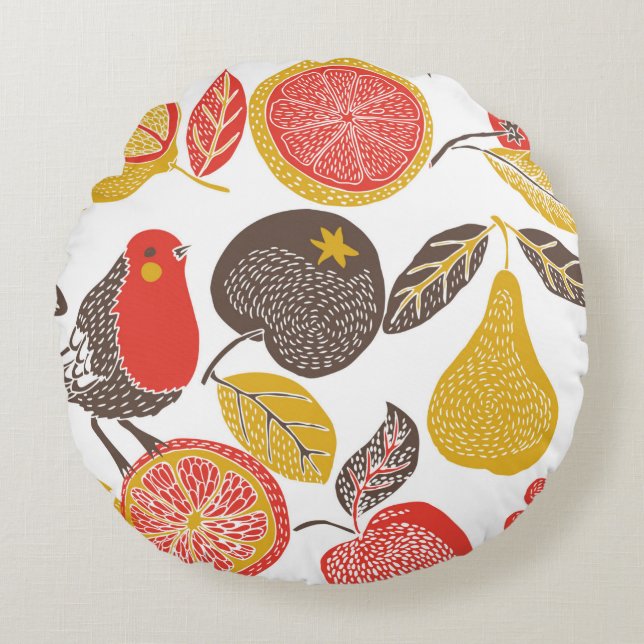 Cojín Redondo jardín de frutas con ave (Anverso)