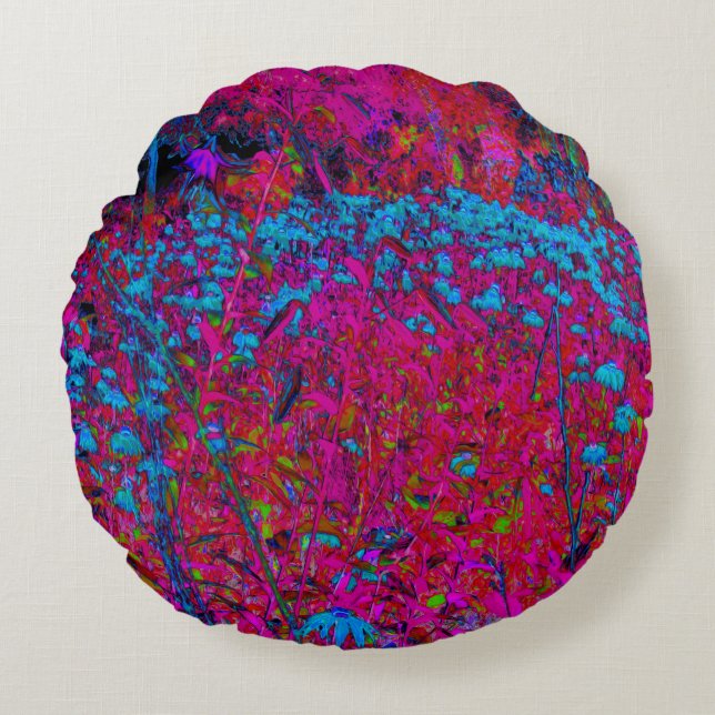 Cojín Redondo Jardín de Magenta de Flores Psicodélico Lirio Púrp (Anverso)