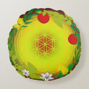 Cojín Redondo Jardín de Manzanas Sagradas Flor de la Vida 