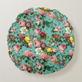 Cojín Redondo Jardín de rosa de época con fondo verde azulado