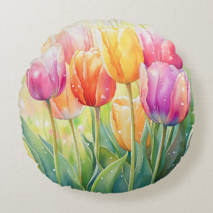 Cojín Redondo Jardín de Tulipanes de la Primavera de la acuarela