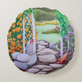 Cojín Redondo Jardín Feliz de Gallinas 