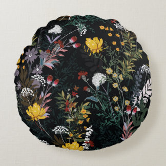 Cojín Redondo Jardín floral oscuro: Patrón nocturno floreciente