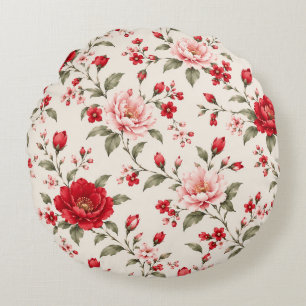 Cojín Redondo Jardín floral rojo y rosa romántico sin fisuras