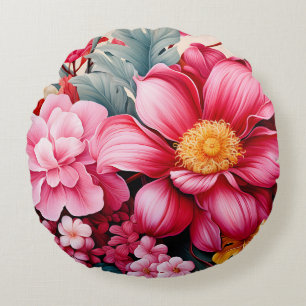 Cojín Redondo Jardín floral tropical rosa exótico