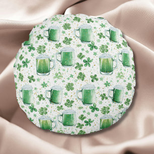 Cojín Redondo Jarras de Cerveza Verde Elegantes y Tréboles Blanc