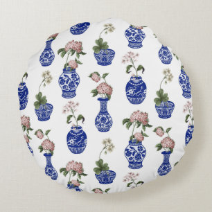 Cojín Redondo Jarrón azul de chinoiserie y flores 