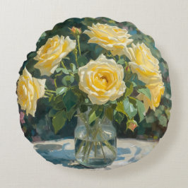 Cojín Redondo Jarrón de Rosas Amarillas Impresionismo